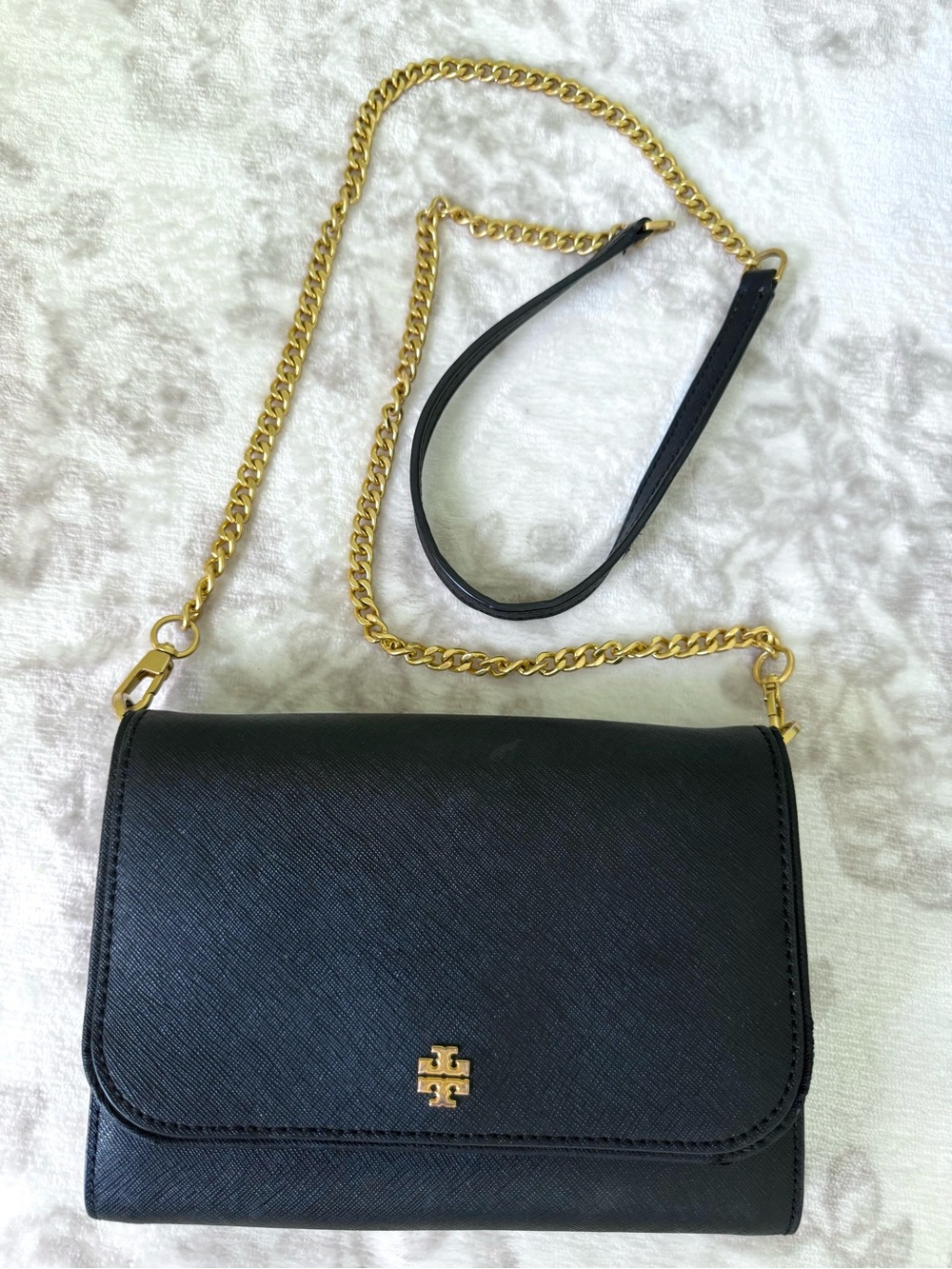 Tory Burch Emerson Chain Wallet Saffiano Leather Crossbody Bag - Black